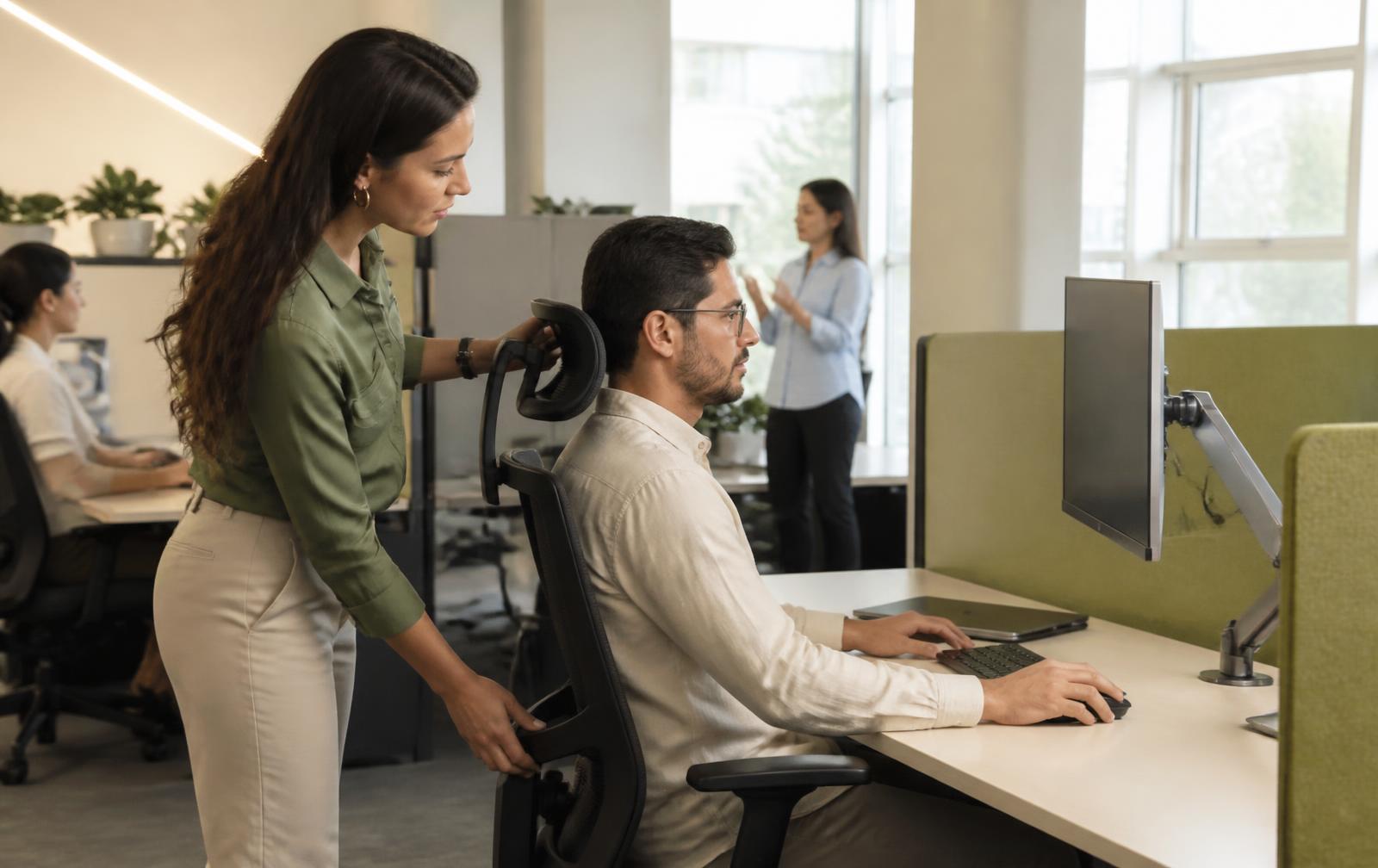 Especialista evaluando la ergonomía de un colaborador en su puesto de trabajo